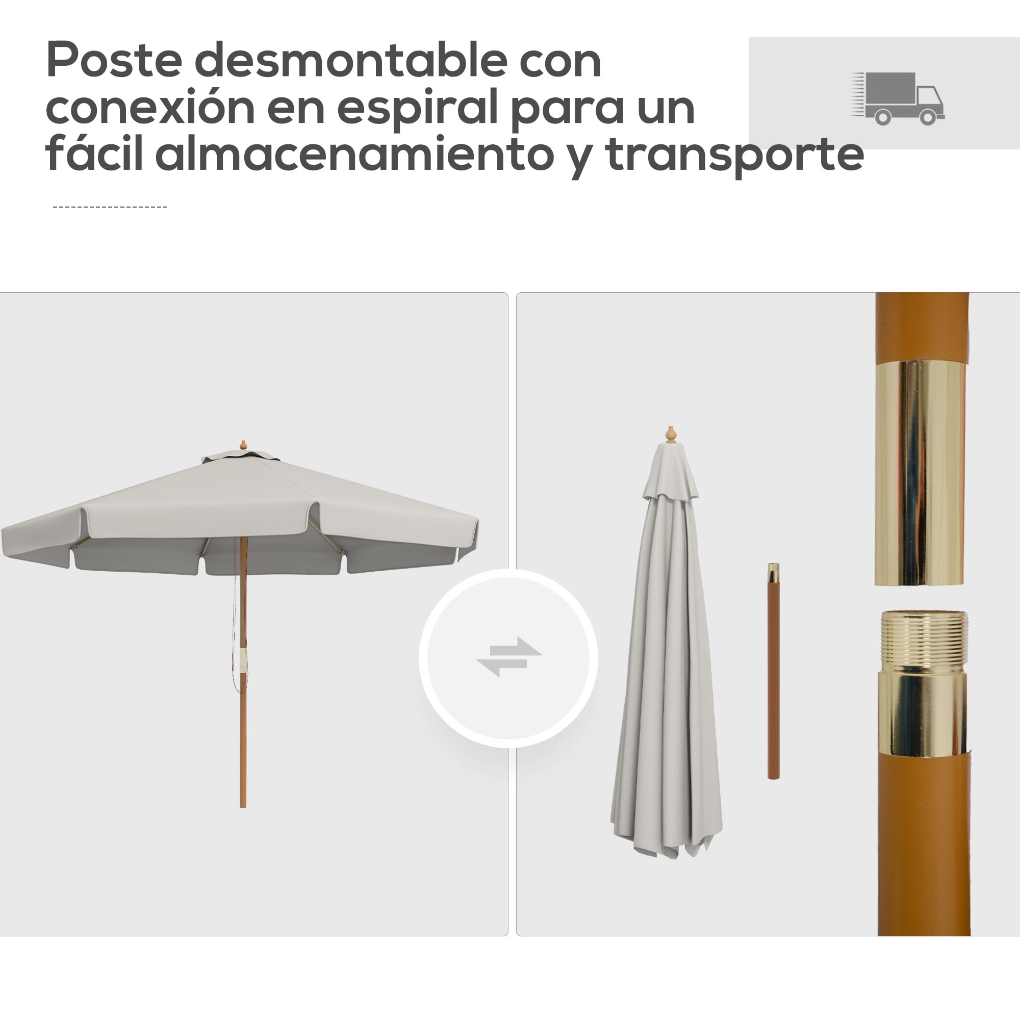 Outsunny Sombrilla Terraza Exterior Ø325 cm Sombrilla de Jardín con Sistema de Polea Techo Ventilado 8 Varillas de Bambú y Poste de Madera Parasol para Patio Terraza