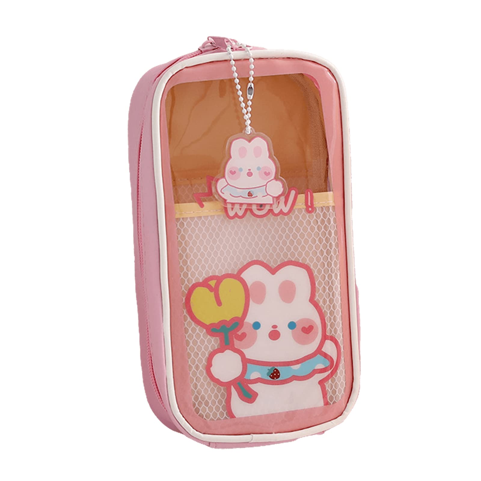 SHINsuke Kawaii Pencil Case with Bunny Bear Pendant, Back to School Supplies Stationery, Cute Clear Pencil Pouch Large Pencil Box (Pink)