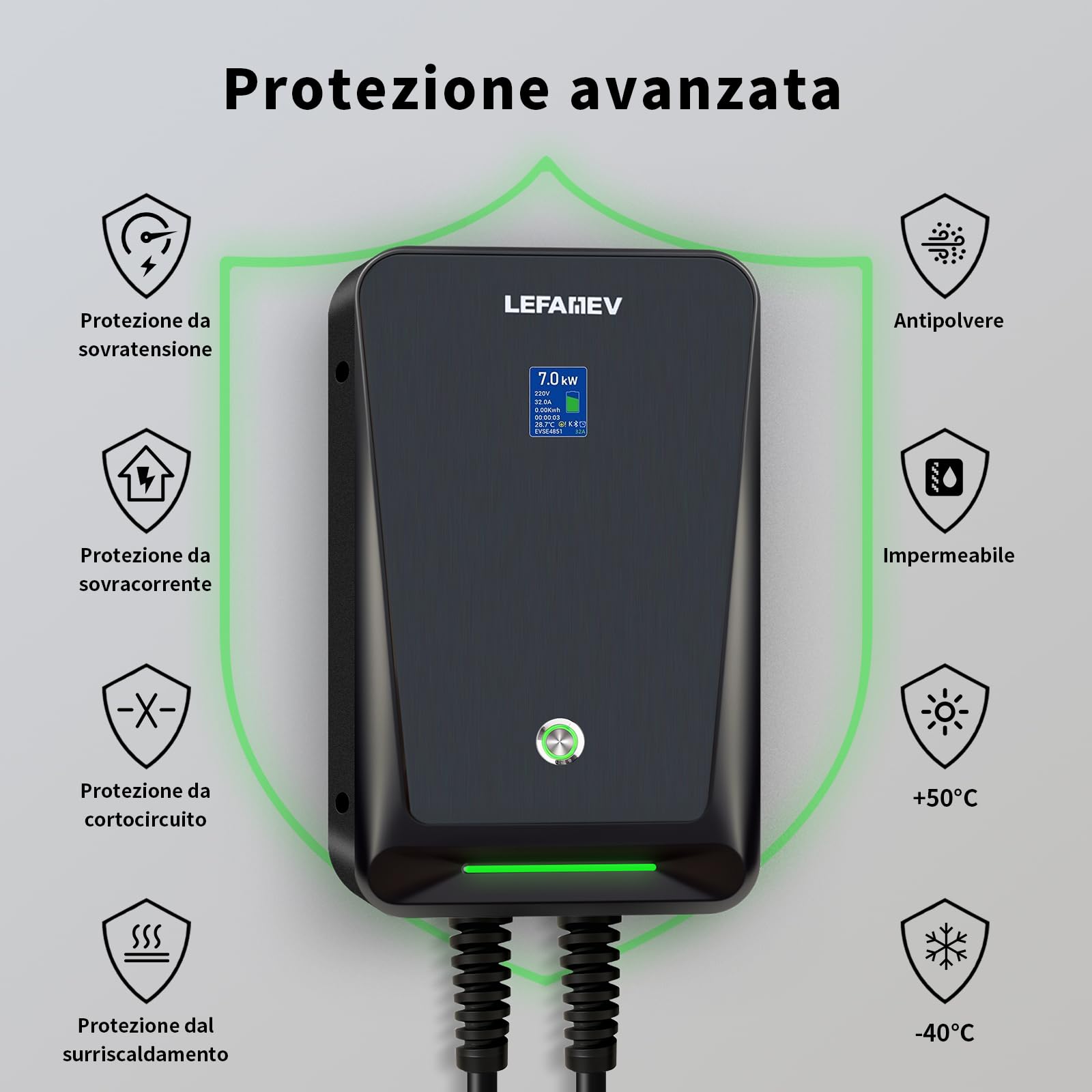 Caricatore EV 7KW, Wallbox Tipo 2 32A per Auto Elettriche, Stazione di Ricarica IP67 con Schermo LCD e Cavo da 6M, Compatibile con Tutti i Veicoli Elettrici e Ibridi Plug-in 7KW