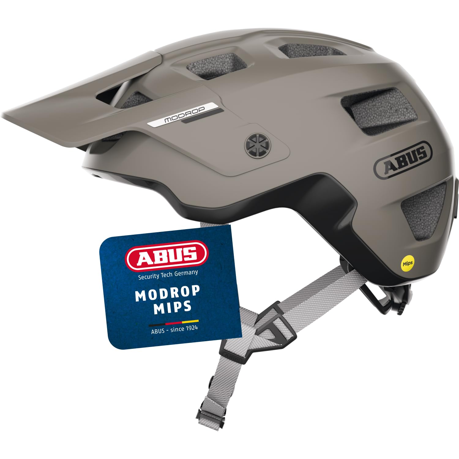 ABUS Casco MTB MoDrop MIPS, Grigio, M per Adulti e Ragazzi | Casco bici con protezione MIPS, sistema Zoom Spin, compatibile con coda di cavallo