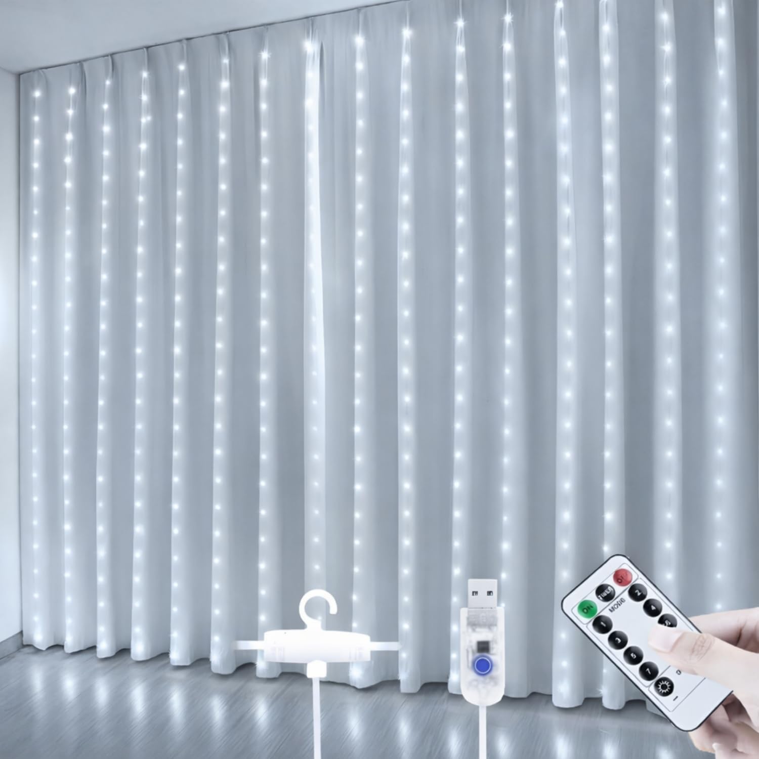 One94Store Fairy Curtain String Lights for Wall Decoration, USB Powered 300 LED's, 8 Flashing Modes, Window Backdrop Lights for Bedroom, Party, Diwali, Christmas - (3x3 Meter) White