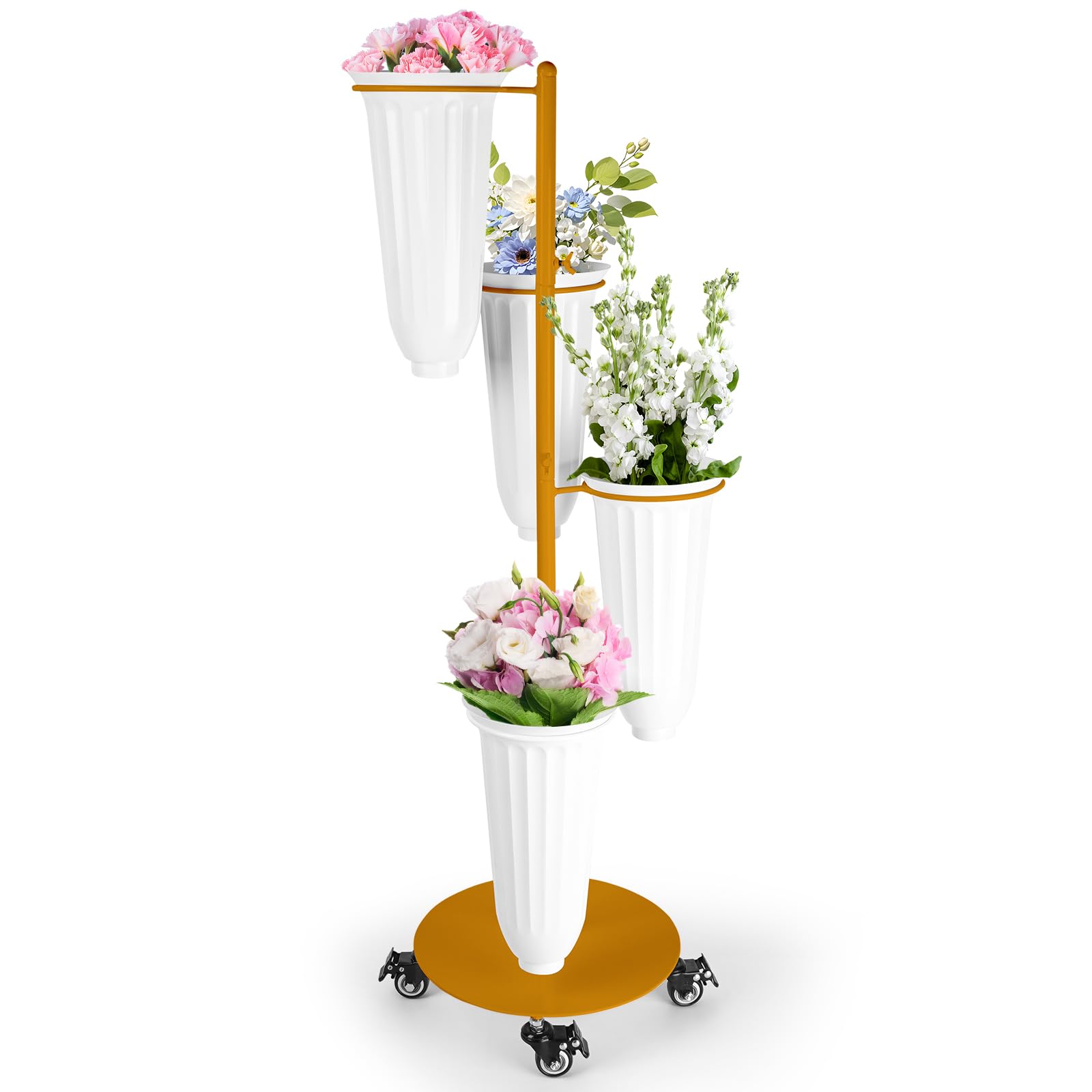 ZpigToor Flower Display Stand With Buckets,Rotatable Flower Cart Display Stand with Wheels,Flower Bar Stand for Florist Garden Wedding Home Decor (