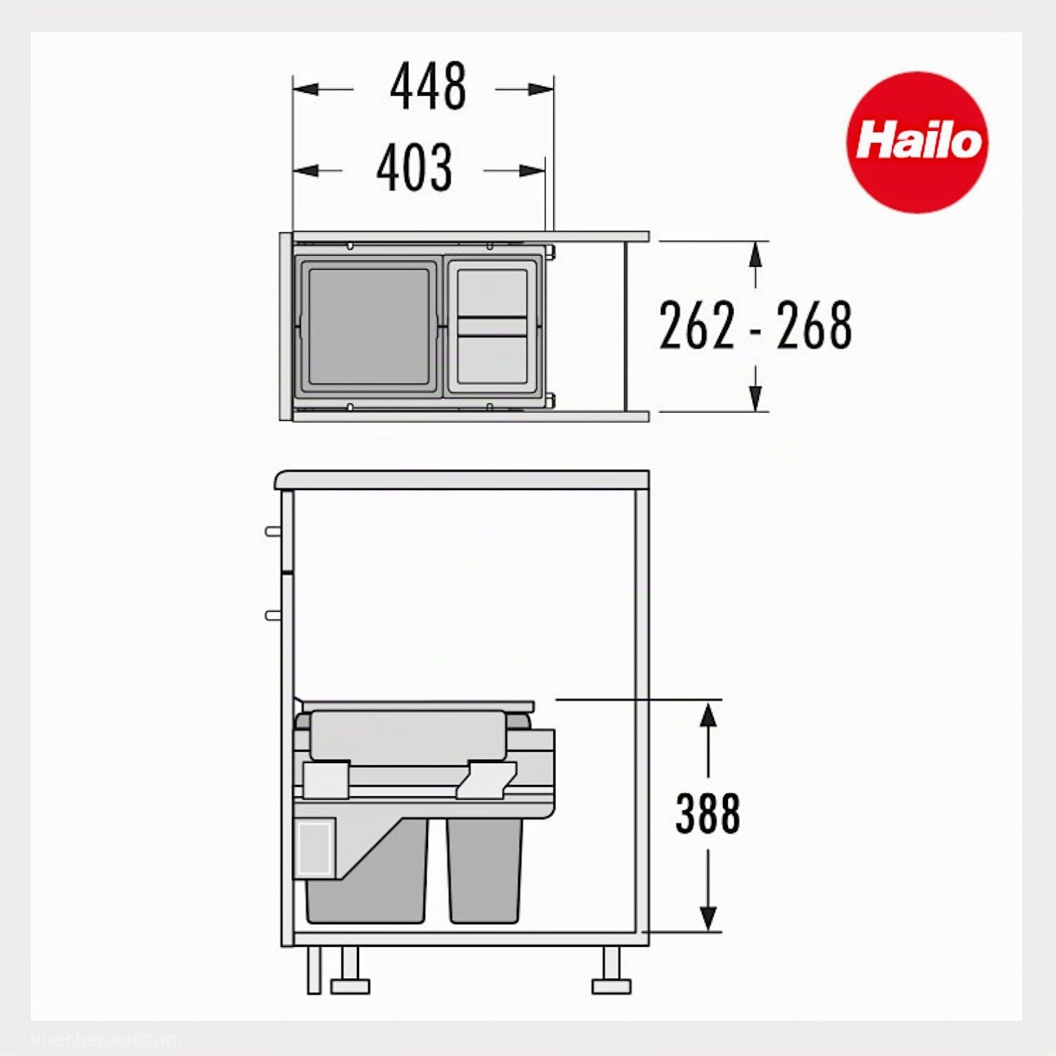 Hailo Abfallsammler 361087 | für 30 cm Schrank mit Möbelfront | 2fach Trennung 25 Liter | Mülleimer Auszugsystem | Dunkelgrau
