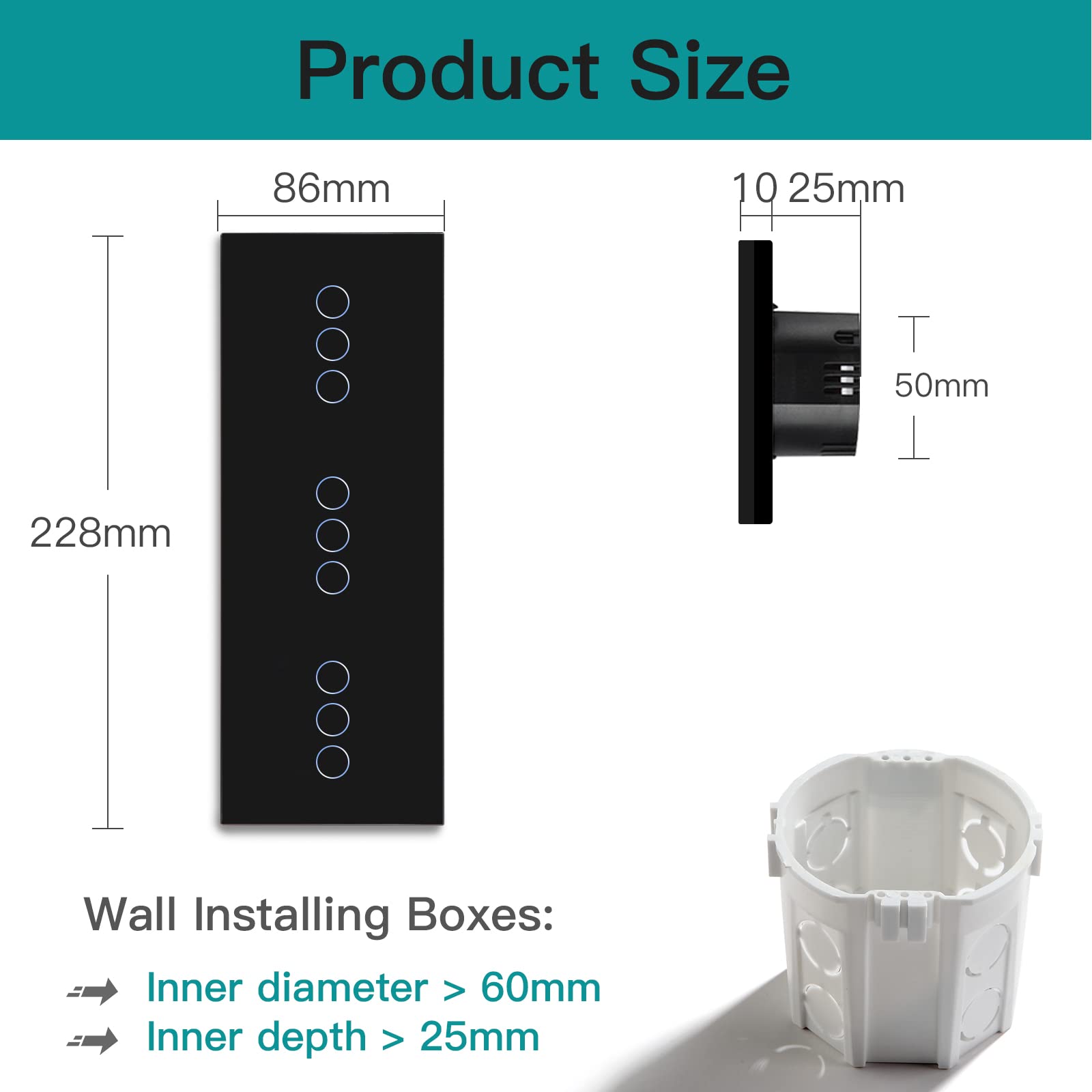 BSEED Interruttore della luce WiFi Smart Alexa senza conduttore neutro, interruttore touch WIfI in vetro, Alexa e Google Home Work con Tuya, 3 scomparti + 3 scomparti + 3 scomparti 228 mm, nero