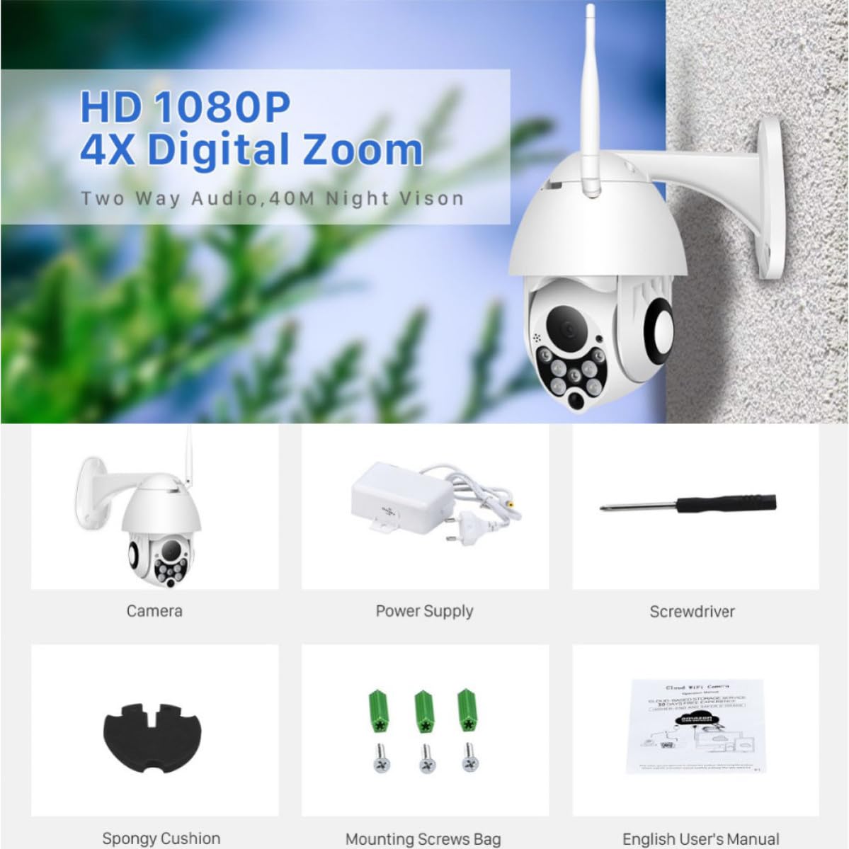 Didiseaon Caméra de Sécurité Étanche sans Fil Audio Bidirectionnel et Vision à Distance pour Surveillance Maison et Bébé, Plastique Blanc, Compatible Carte 128 GB