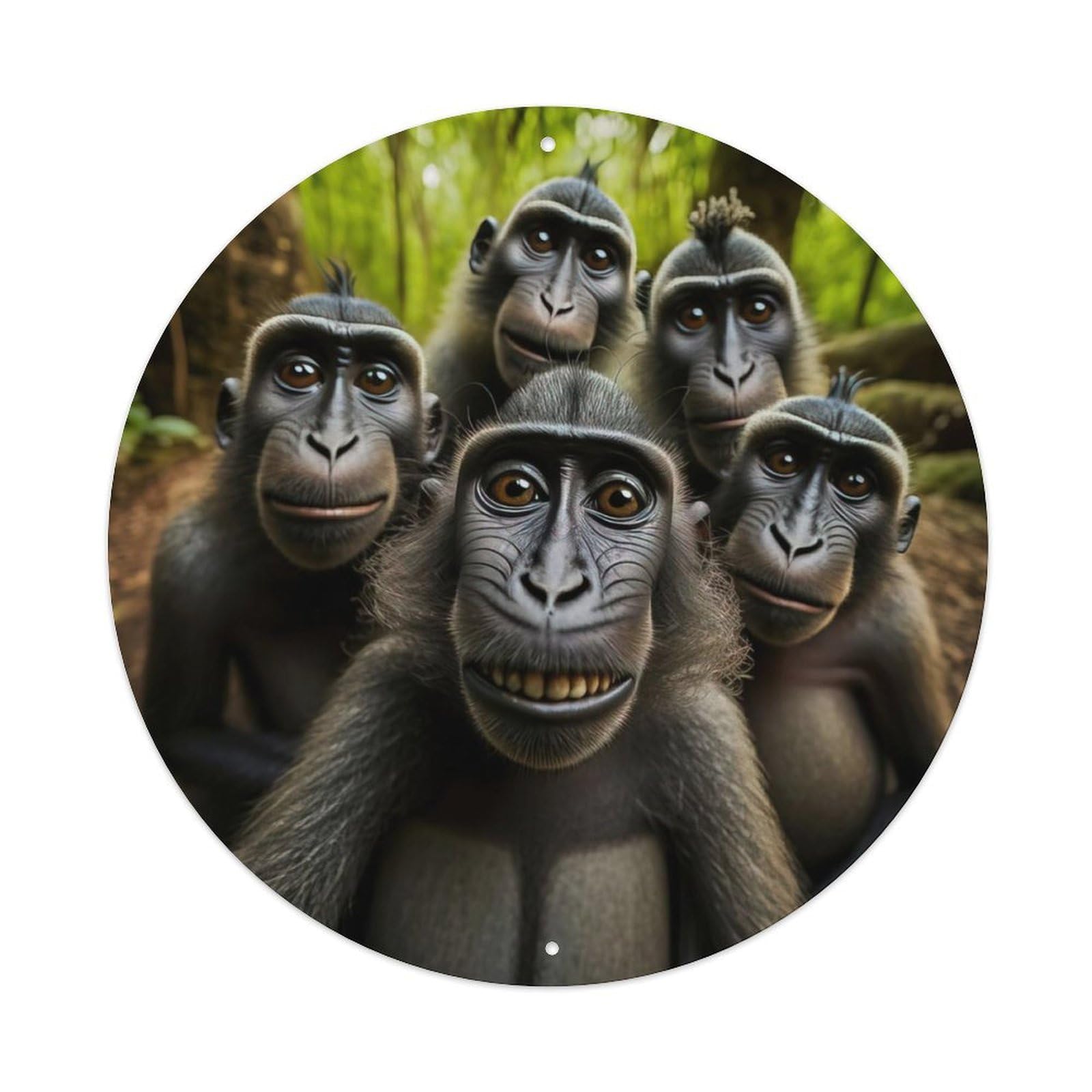 Monkey Family Selfie Funny Animal Vintage Metal Tin Sign Plaque Wall Decor for Cafe, Club, Garden Round Metal Poster 8x8Inch