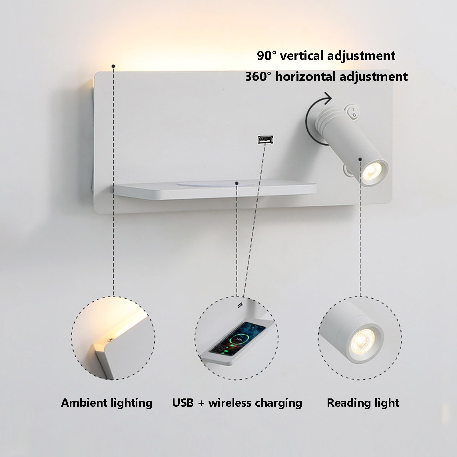 Lampa ścienna LED z przyłączem USB + bezprzewodowa ładowarka ścienna z przełącznikiem, oświetlenie ścienne 360° + 90°, obracana o 360° + 90°, lampa do czytania, do sypialni, zagłówka, hoteli (czarna