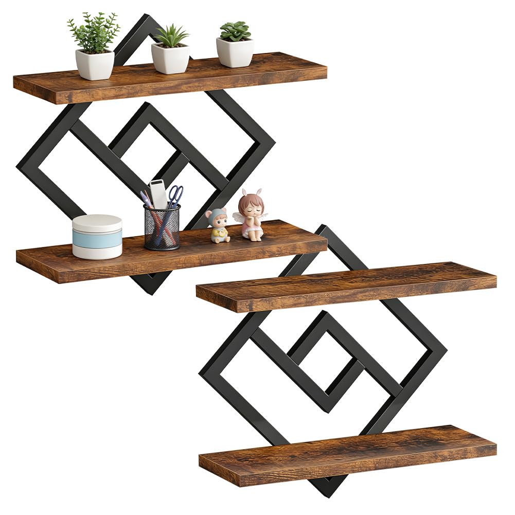 Wandboard Set, Wandregal 2er Set Schweberegal Hängeregal, Holz & Metall Kombination, Dekoregal für Wohnzimmer Schlafzimmer Küche Büro, Rustikales Braun & Schwarz (2, Viereck)