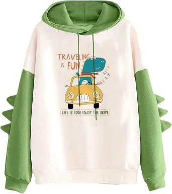 Casual Loose Color Block Long Sleeve Little Dinosaur Hoodies Pullover Tops Hooded Sweatshirt ABDL
