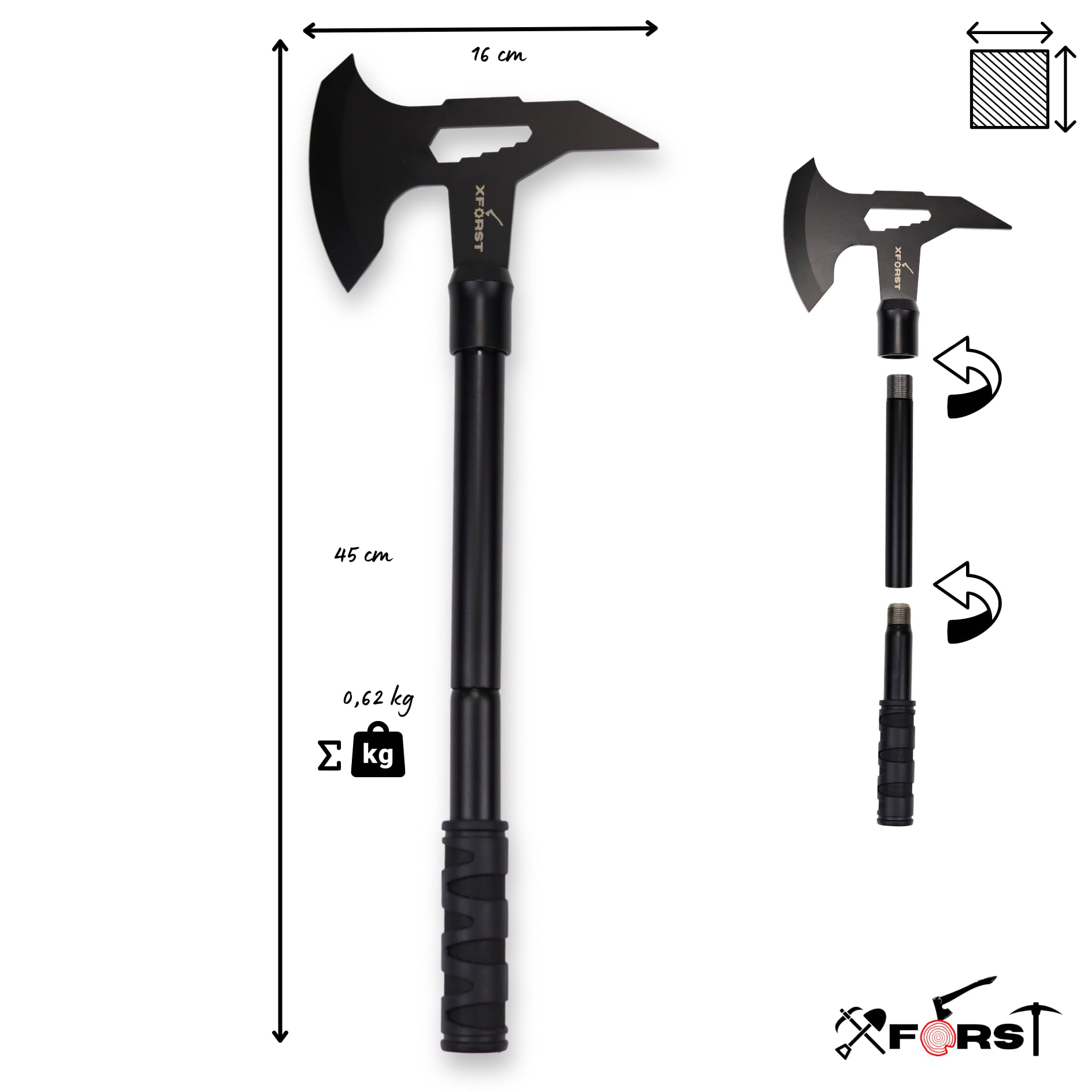 Xforst Ascia Accetta + Coltello 64,5 cm da giardino outdoor di alta qualità, Impugnatura in plastica e fodero in tessuto Oxford