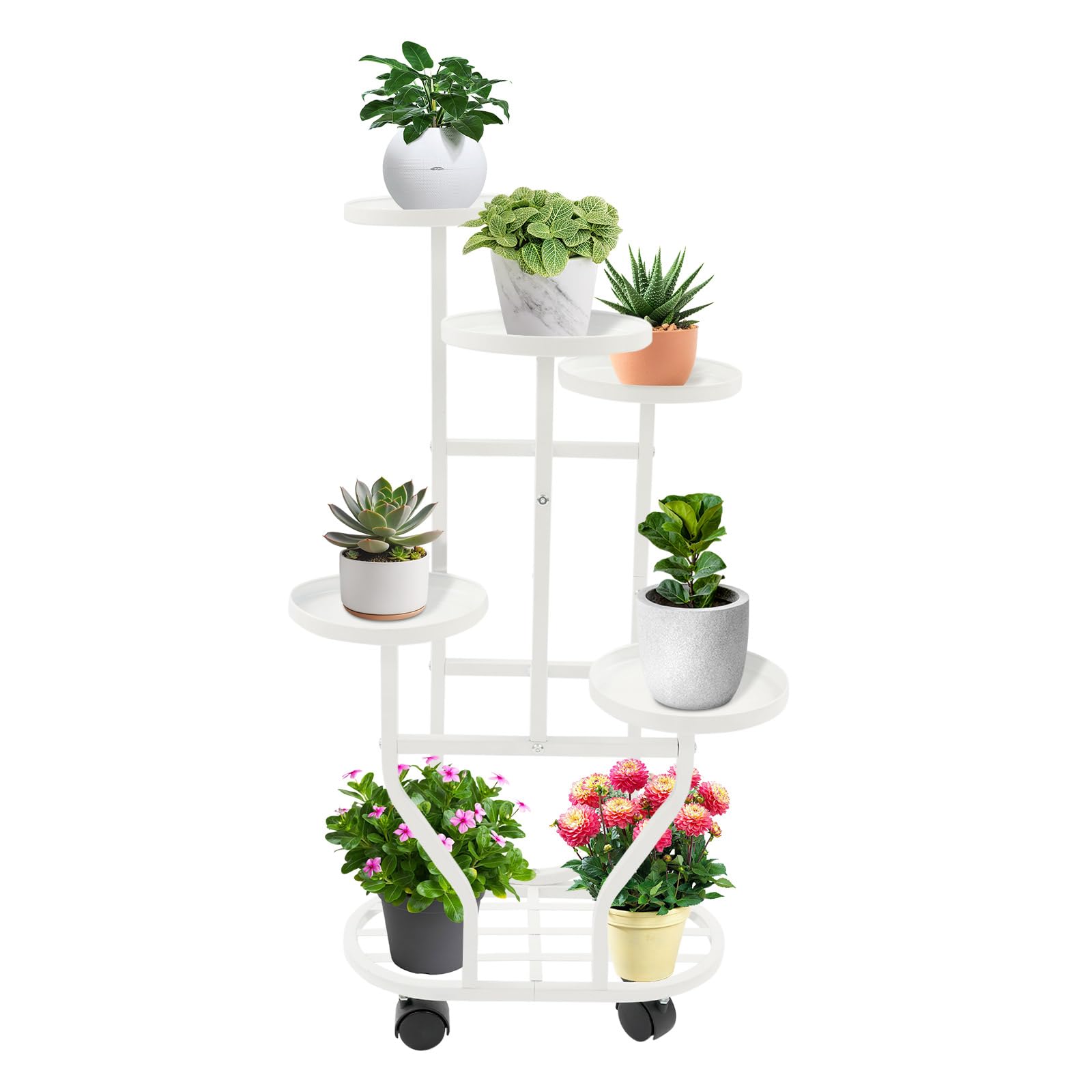 Soporte para plantas con 5 niveles de hierro sobre ruedas para