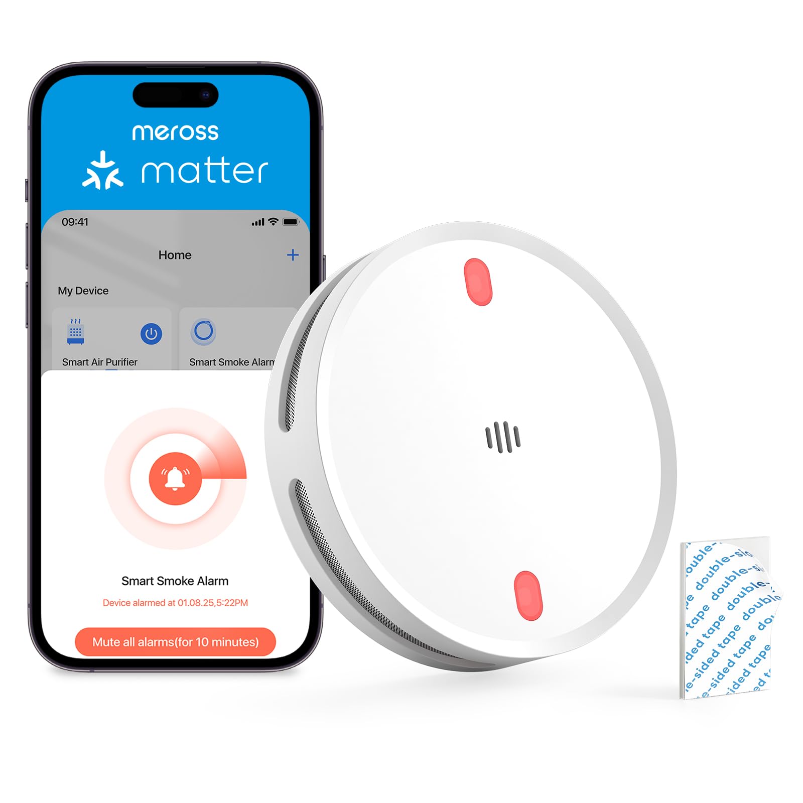 Meross Smart Rauchmelder, Vernetzter Feuermelder WLAN mit rotem LED-Fluchtlicht, Rauchwarnmelder mit Dual-Lichtsensor gegen Fehlalarme, EN14604-konform, Apple Home, Home Assistant, Hub erforderlich