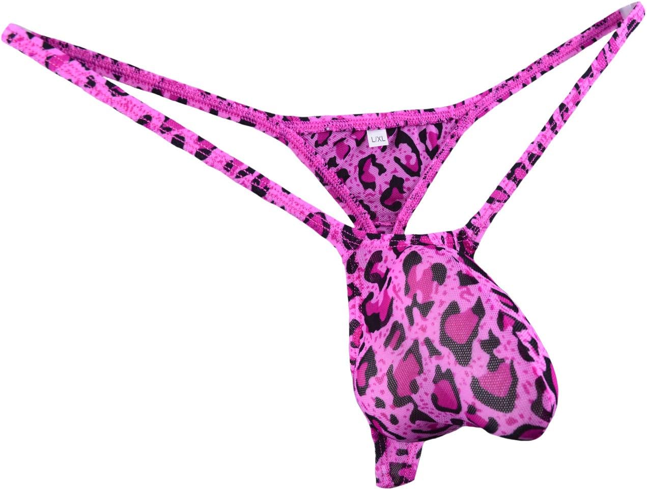 Mens G-String Bulge Pouch C-Thru Sheer Thongs Leopard WSS38