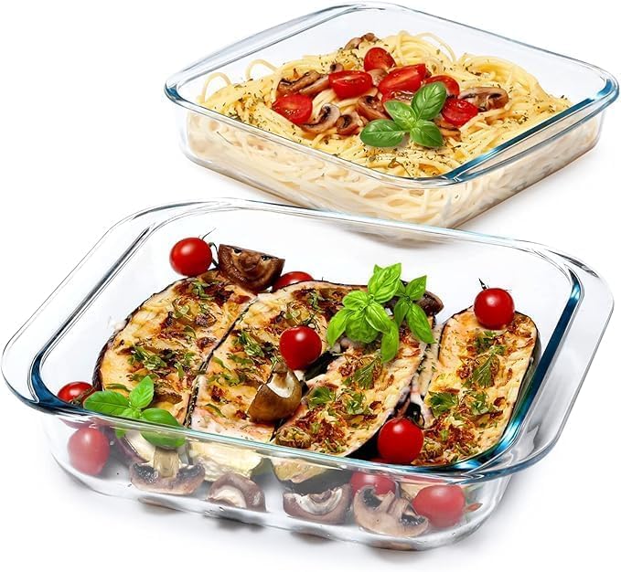 Image of Borosilicate Square Glass Baking Dish, Baking Tray, Oven and Microwave Safe, Set of 2 (900ml, 1800ml), Transparent