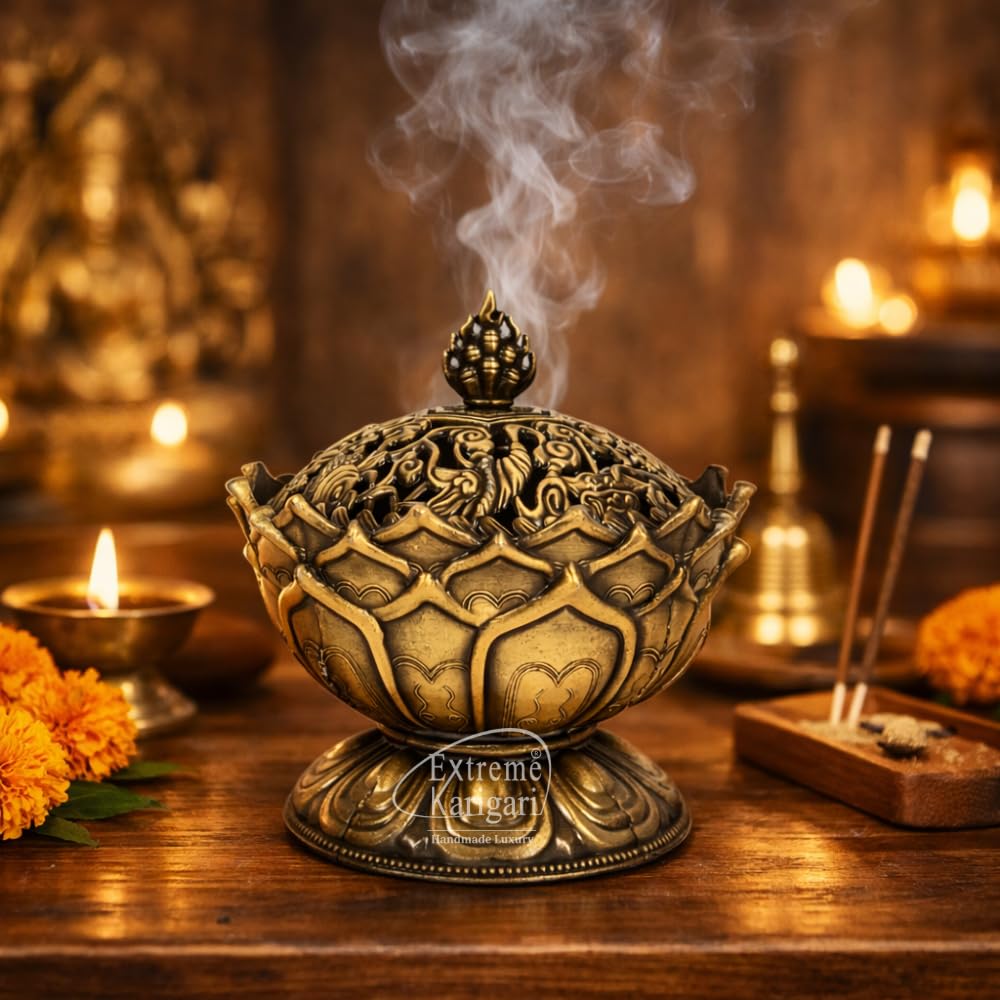 Extreme Karigari Antique Brass Incense Cone Burner with Lid – Decorative Metal Dhoop Batti Holder for Home Temple, Pooja Room, Meditation & Aromatherapy | Loban Bakhur Daan 2