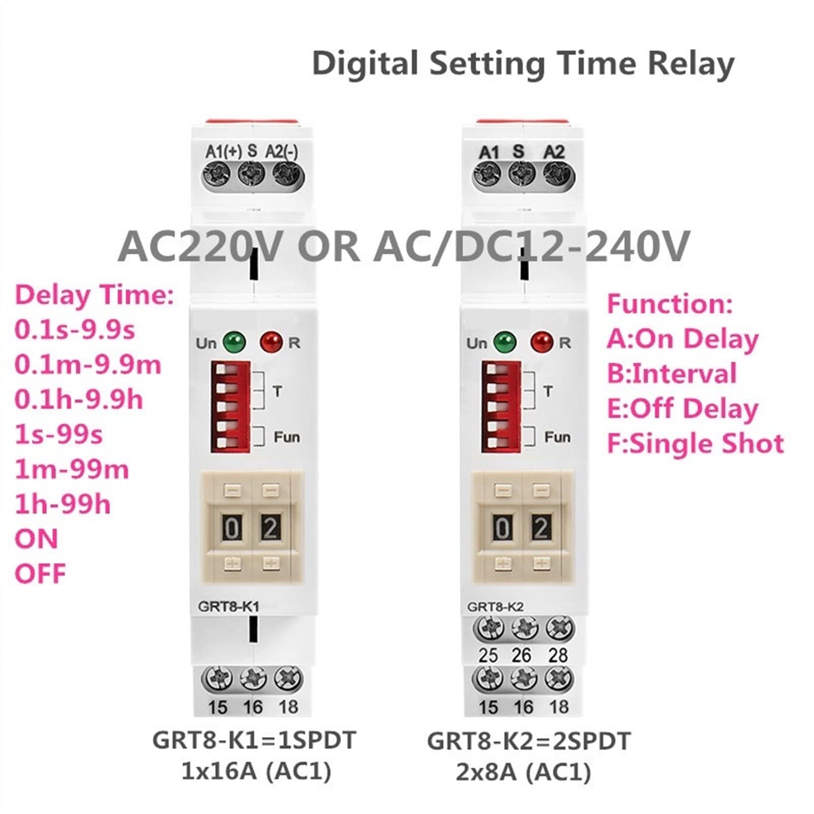 Relè timer multifunzione Interruttore elettronico regolabile o digitale 12V 24V 48V 110V 220V GRT8-M GRT8-K 1 pz(Grt8-m2-acdc12-240v)