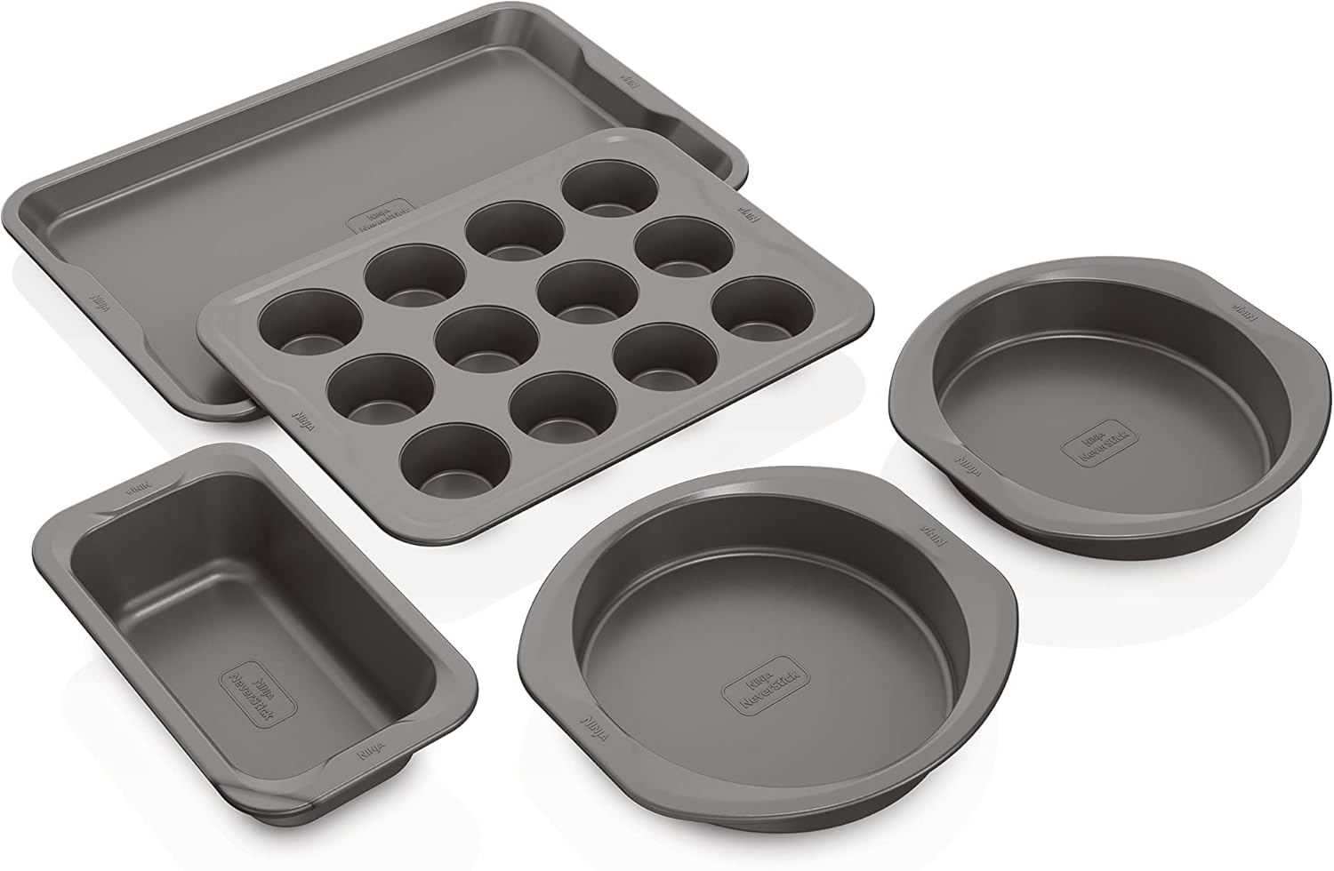 Ninja B35005 Foodi NeverStick Premium 5-Piece Bakeware Sheet Set, Oven Safe up to 500⁰F, with 11x17 Inch Baking Sheet, 5x9 Inch Loaf Pan, 12 Cup Muffin Pan, & (2) 9 Inch Round Cake Pans, Grey - Thumbnail 2