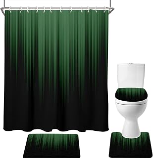 AAtter 4 Piece Green and Black Shower Curtain Set Ombre Abstract Gothic Striped Mens Modern Boys 60Wx72L Curtains Decor with Non-Slip Rugs, Toilet Lid Cover and Bath Mat Bathroom Accessories, Gradient