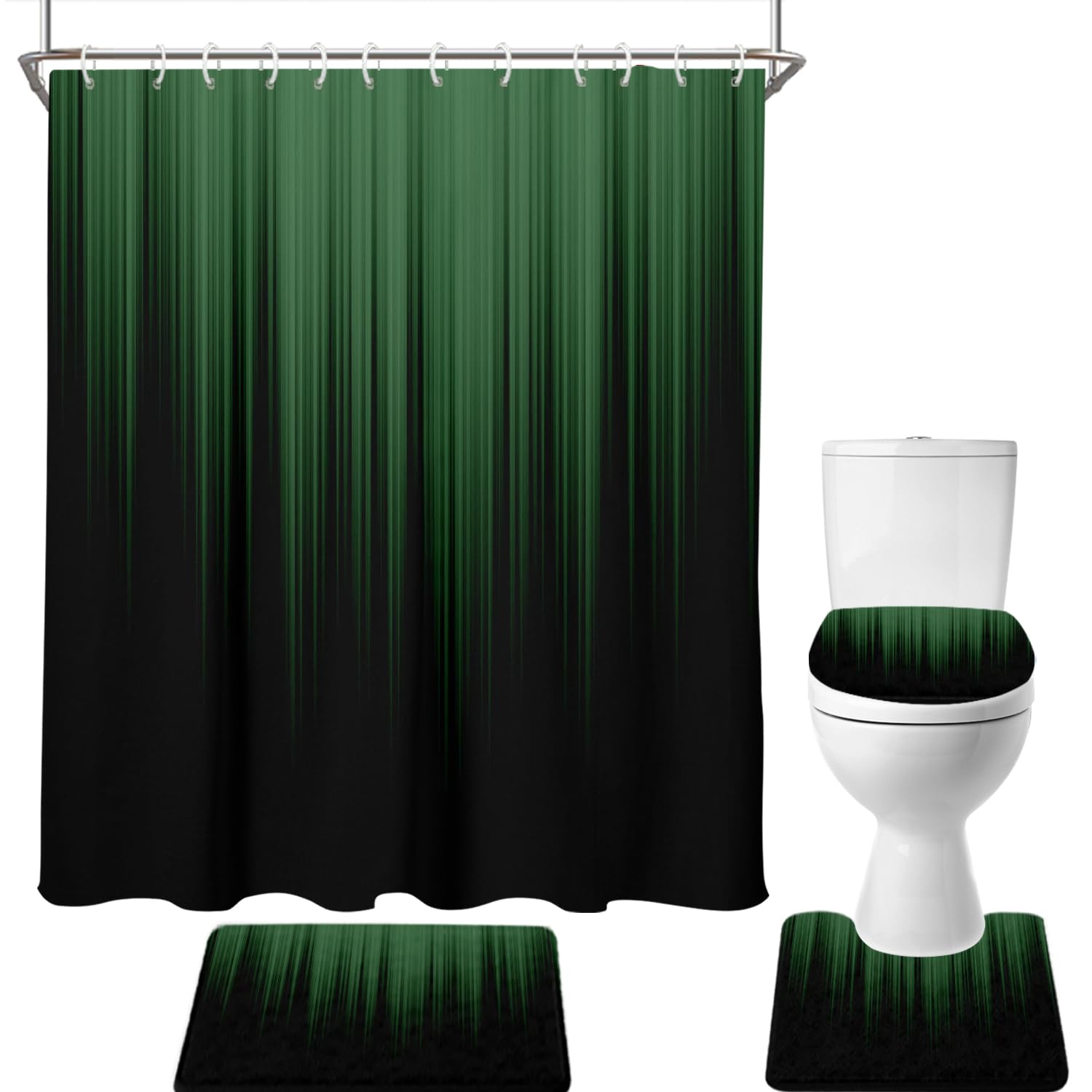 AAtter 4 Piece Green and Black Shower Curtain Set Ombre Abstract Gothic Striped Modern Boys Mens 60Wx72L Curtains Decor with Non-Slip Rugs, Toilet Lid