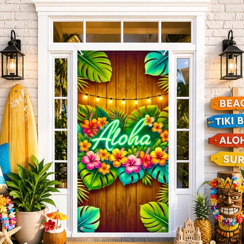 Image of BlissYard Aloha Door Cover Tiki Wall Hanging Door Banner for Summer Aloha Luau Party Front Door Banner Porch Sign for Decorations Hawaiian Luau Party Supplies Photo Backdrop 35.4 x 70.9 Inch