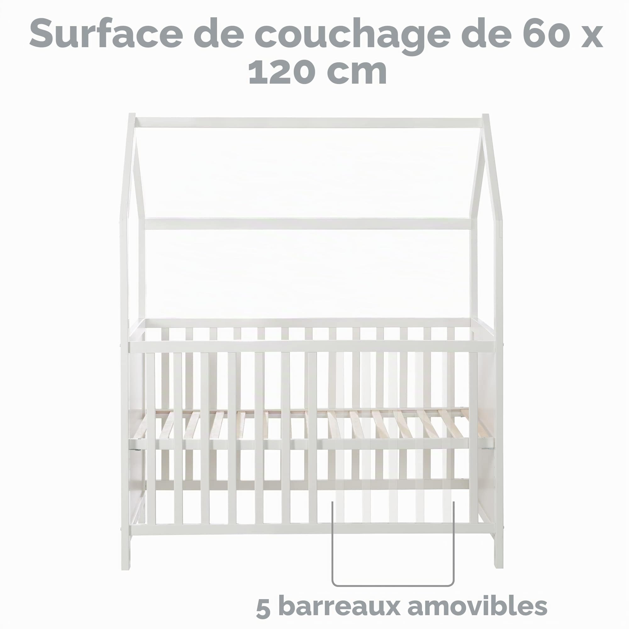 roba Lit Bébé Cabane Évolutif 60x120 - Lit Cododo Convertible en Canapé - Réglable en Hauteur - Blanc