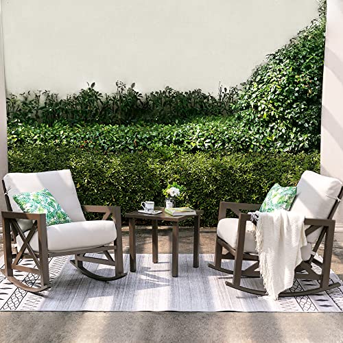 NATURAL EXPRESSIONS Rocking Bistro Set, 3 Piece Outdoor Patio Conversation Furniture Set with 2 Rockers and 1 Metal Coffee Table with Thick Cushions,2 Pack Patio Chair Covers Waterproof