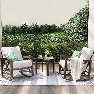 NATURAL EXPRESSIONS Rocking Bistro Set 3 Piece Outdoor Patio Conversation Furniture Set with 2 Rockers and 1 Metal Coffee Table with Thick Cushions for BackyardPorchPoolside300lbs