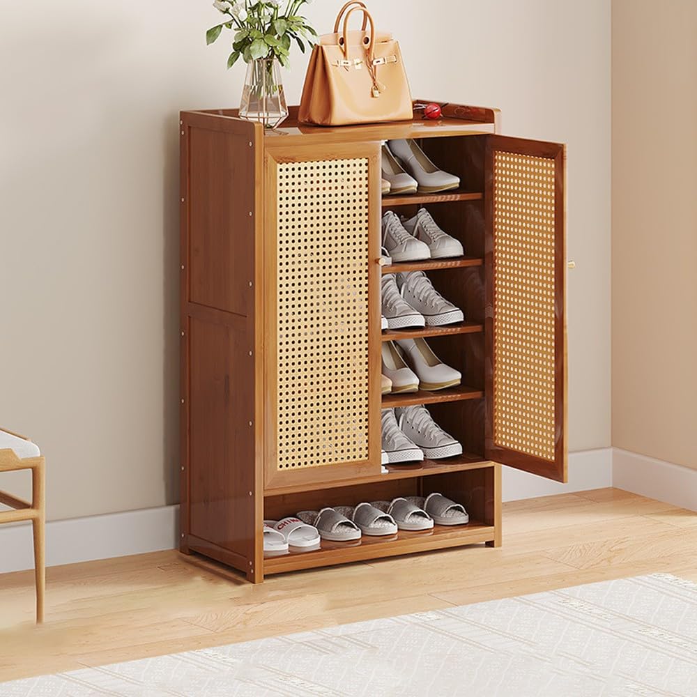 BHGFYXBS Bamboo Rattan Shoe Cabinet With Doors Rustic Oak Sideboard Sto Adjustable Shelves Entryway For Hallway & Home Decor,Brown-60 * 32 * 94 Cm,Brown-60 * 32 * 94 cm