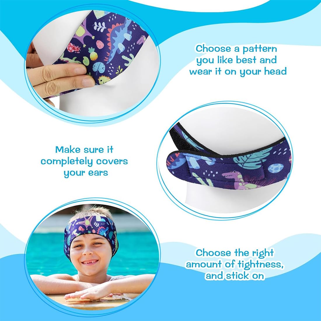 2 fasce elastiche per nuoto per bambini, protezione per orecchie in neoprene per piscina e altri sport acquatici