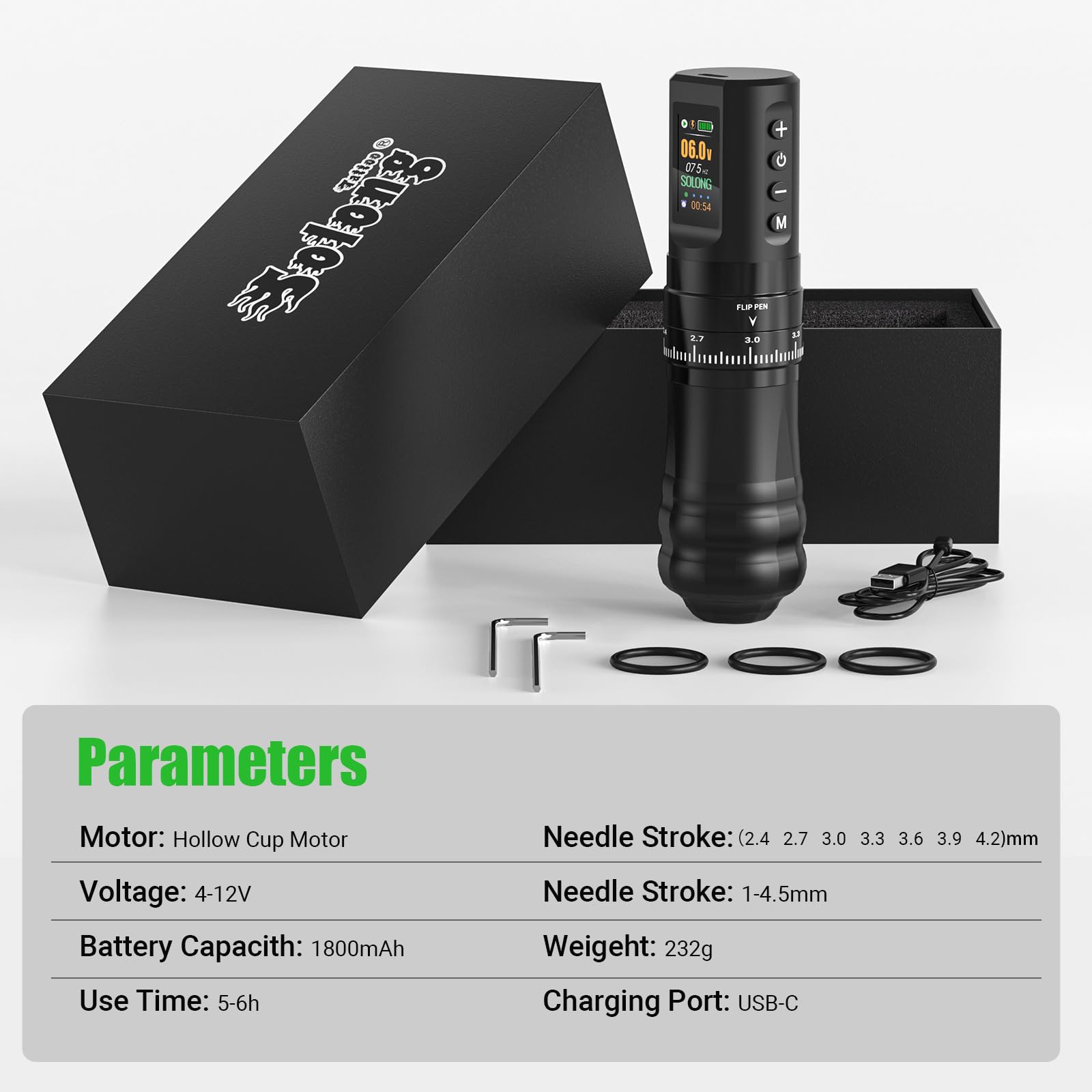Kit macchina per tatuaggi wireless - Penna per tatuaggio rotativa a corsa regolabile con corsa da 2,4-4,2 mm, motore coreless, doppia alimentazione da 1800 mAh