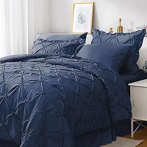 JOLLYVOGUE Navy Blue Full Size Comforter Sets 7 Pieces, Pintuck Bed in a Bag Comforter Set for Bedroom, Bedding Comforter Sets with Comforter, Sheets,Ruffled Shams & Pillowcases