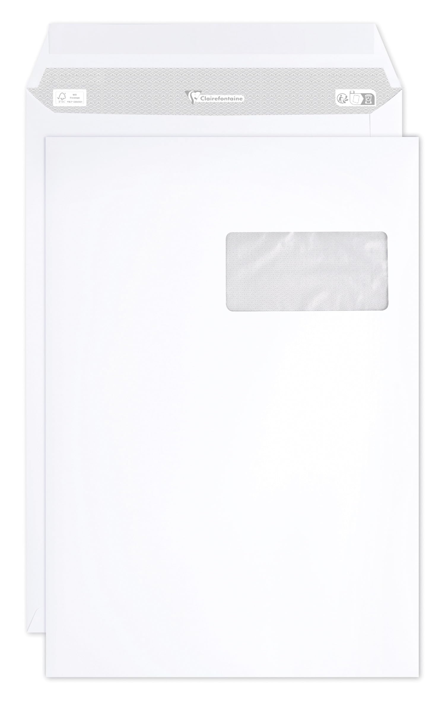 Clairefontaine 10150C - A Box of 250 White Envelopes - C4 - 229x324 mm - Self-adhesive - 90g/m²- Window Crystal Paper - 50x100 (position 50/20) - Mailing