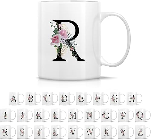 Miniatura 1 de Retreez Ramo botánico floral inicial A-Z con monograma del alfabeto, taza de café de cerámica de 11 onzas, agradecimiento, boda, regalos de