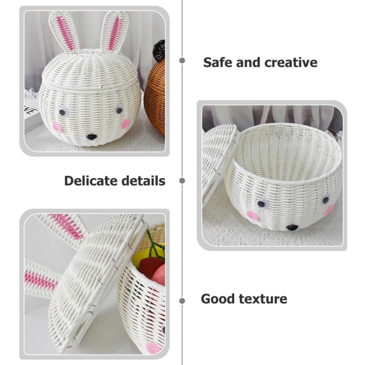 Uonlytech Cesta de Ratán para Guardar Frutas y Juguetes Forma de Conejo de Dibujos Animados Cesta de Almacenamiento Material Pp Resistente y Estable para Cocina y Hogar