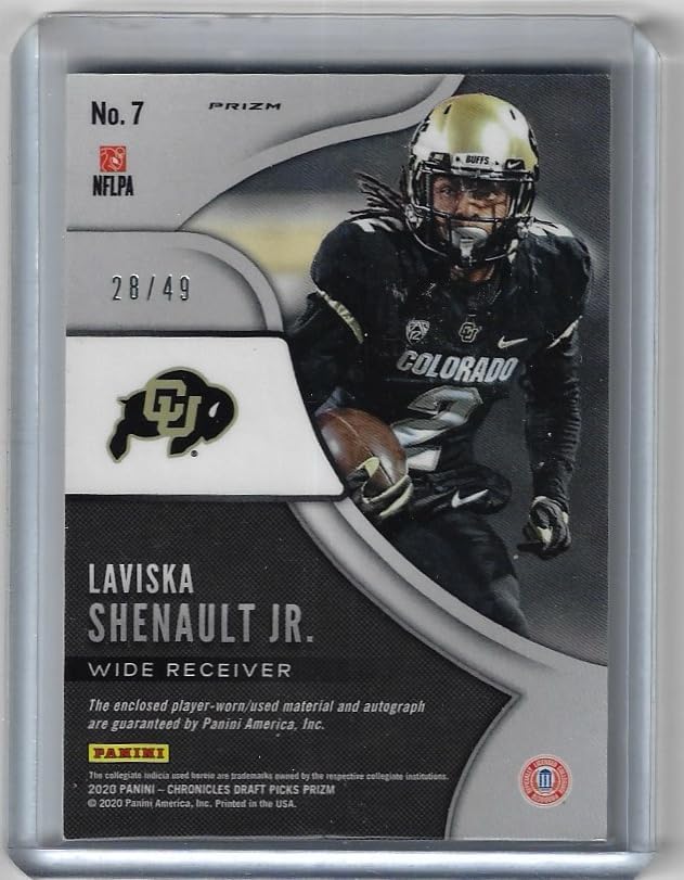 Laviska Shenault Jr. Autographed & Serial Numbered #28/49 Rookie Patch Autographs RPA Rookie Card Collectible Football Card - 2023 Panini Chronicles Draft Picks Football Card #7 (Panthers)