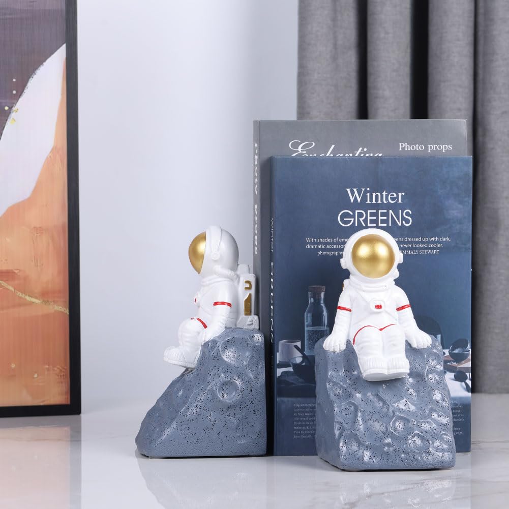 Juego de 2 sujetalibros de astronauta gris, resistentes con base antideslizante, sujetalibros de decoración espacial para habitaciones de niños, decoración de estanterías