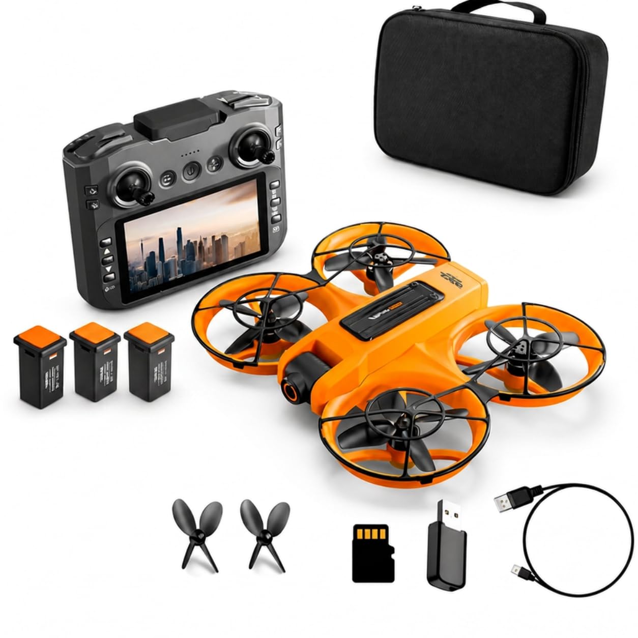 Drohne mit Kamera & Display Fernbedienung, Brushless Motor, Dual Kamera 90° verstellbar, FPV Live-Übertragung, Optical Flow, 360° Flip, LED, Anfänger & Kinder geeignet (Orange, Akkus: 3 St.)