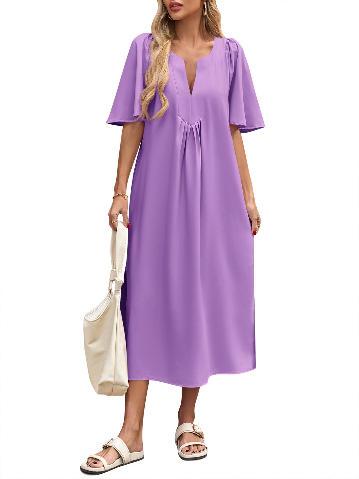 Wenrine Womens Casual Maxi Dress Short Sleeve Loose Flowy Summer Dresses