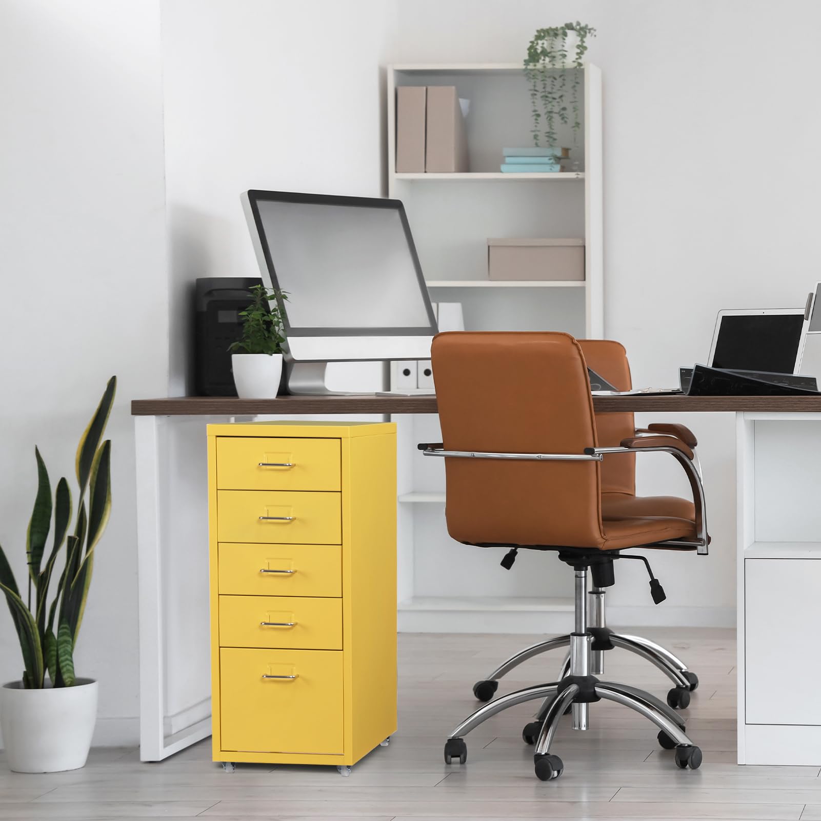 HollyHOME Archivador móvil de 5 cajones, organizador de archivos con ruedas, gabinete de almacenamiento de metal con ruedas para el hogar, la oficina y la escuela,amarillo claro