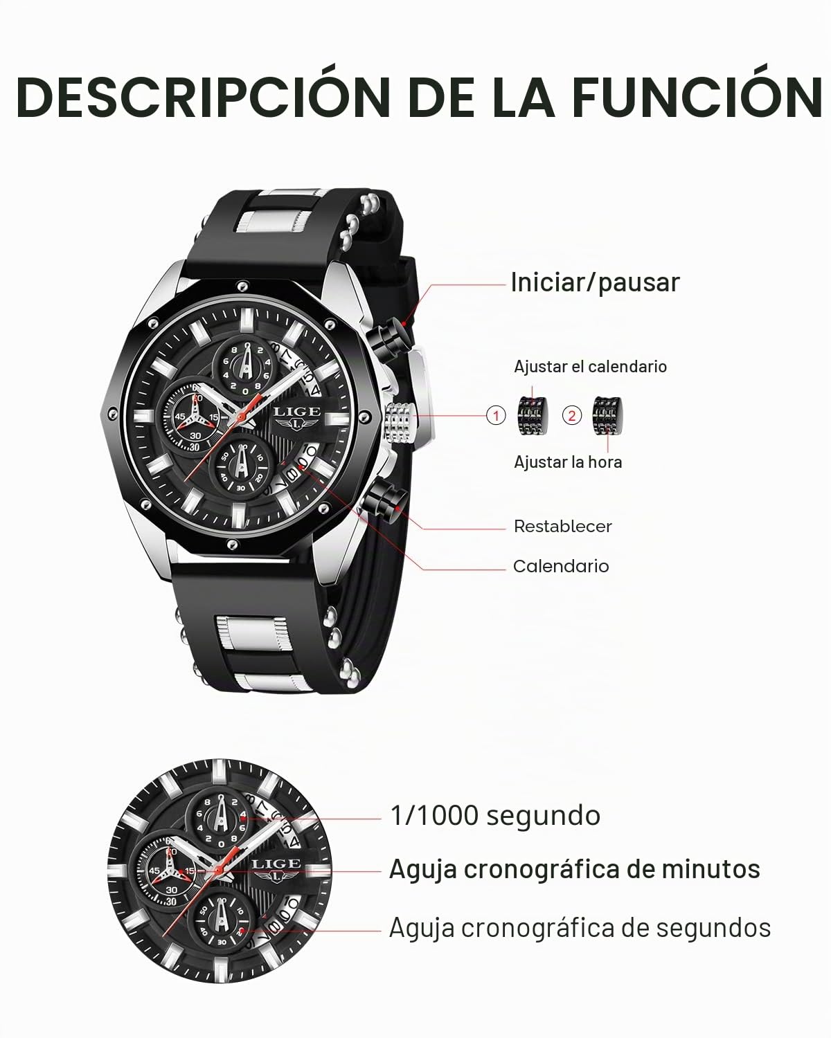 LIGE Reloj Hombre Moda Cronógrafo Acero Inoxidable Impermeable Analógico Cuarzo Luminoso Dial Grande Reloj Deportivo Clásico…