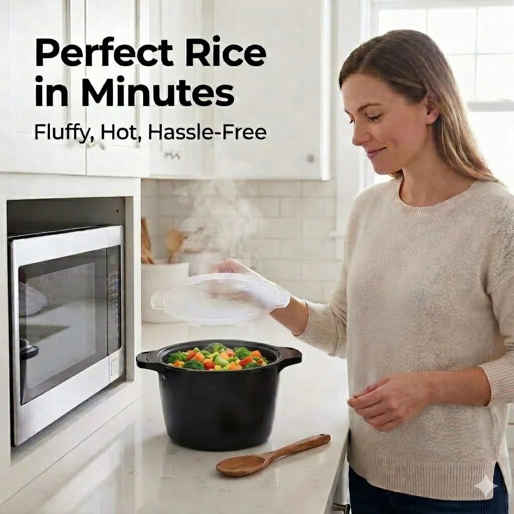 Microwave Vegetable Steamer & Rice Cooker Bowl with Locking Lid – 2 Quart No Spill Microwave Cookware Container, BPA Free, for Steaming Veggies, Meal Prep & Reheat