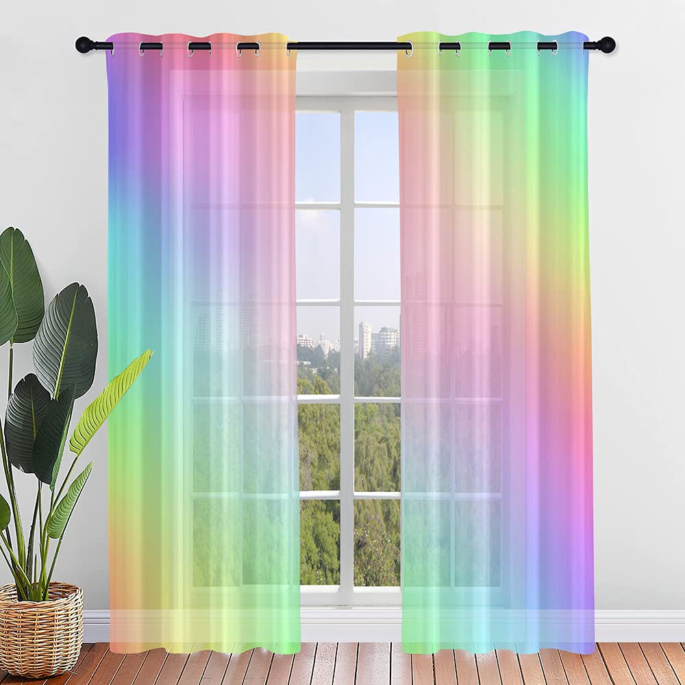 Hiseng Voile Curtains for Bedroom 2 Panels, Sheer Curtains Eyelets Net Translucent Window Screen Gradient Color Tulle Door Drapes for Living Room Home Balcony Decorative (140x244cm,Rainbow)