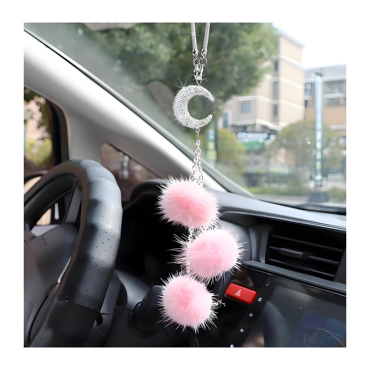 Bling Car Hanging Ornament, Cute Love Heart and Plush Ball Pendant for Auto Rear View Mirror, Lucky Diamond Rearview Mirror Charm for Women Girls, Car Accessories (Pink, Moon)