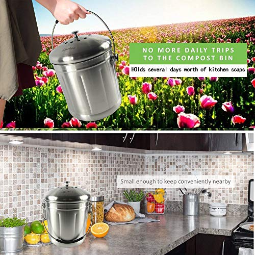 Abakoo 1.8 Gallon Compost Bin 304 Stainless Steel Kitchen Composter Waste Pail Indoor Countertop Kitchen Recycling Bin Pail - Includes 2 Filters #TOP5