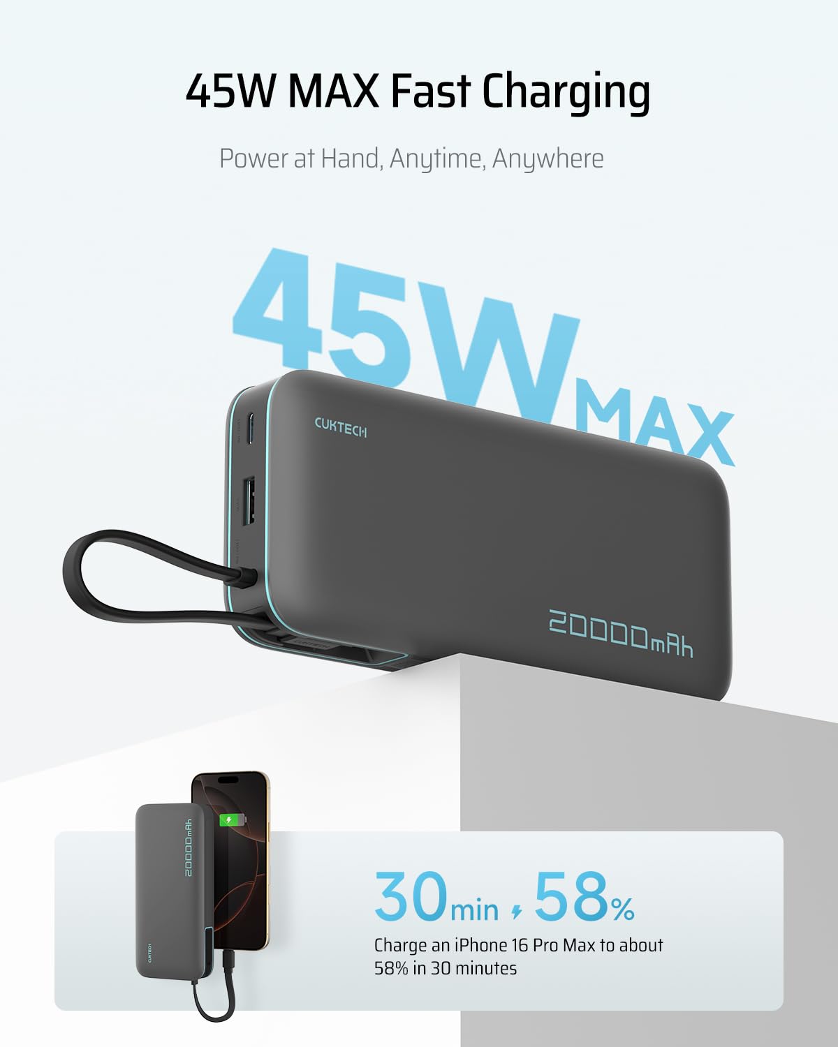 CUKTECH Power Bank 20.000mAh,PD 45W Powerbank Caricabatterie Portatile con Cavo USB-C Incorporato,1 USB-C,1 USB-A,per iPhone, Galaxy, Xiaomi, MacBook e Altri