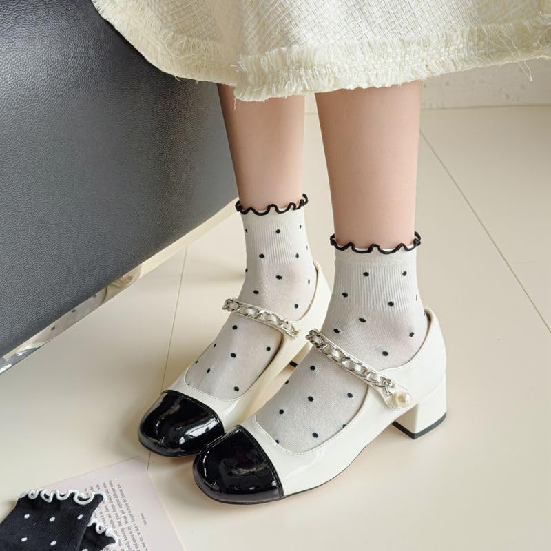 MarJunSep Ruffle Frilly Ankle Socks for Women Teen Girls Cute Crew Socks Striped Dots Heart Ribbed Thin Cotton Socks3
