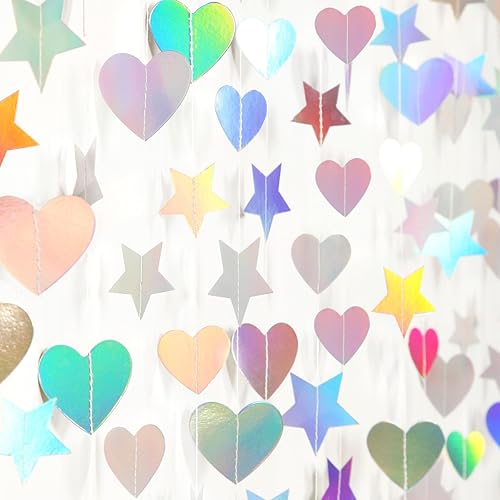 Guirnalda holográfica de discoteca iridiscente, diseño de corazón de estrella, 52 pies de neón para colgar en papel para boda, cumpleaños, despedida