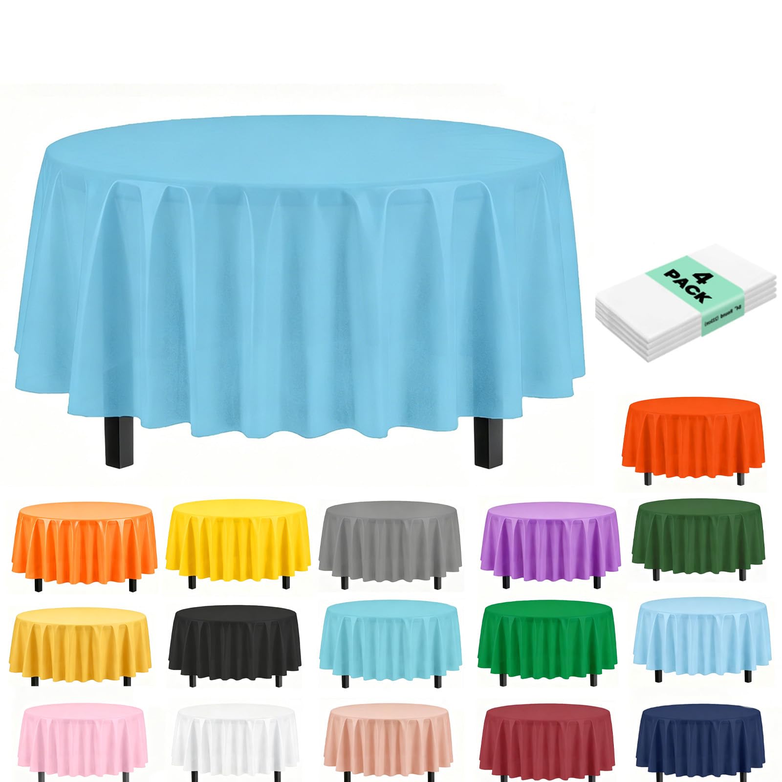 4Pack Plastic Sky Blue Party Tablecloths for Round Table, 84 inch Large Round Disposable Table Cover for Party, Decorative Paper Tablecloth Bulk for Picnic, Baby Shower, Wedding, Birthday, Christmas
