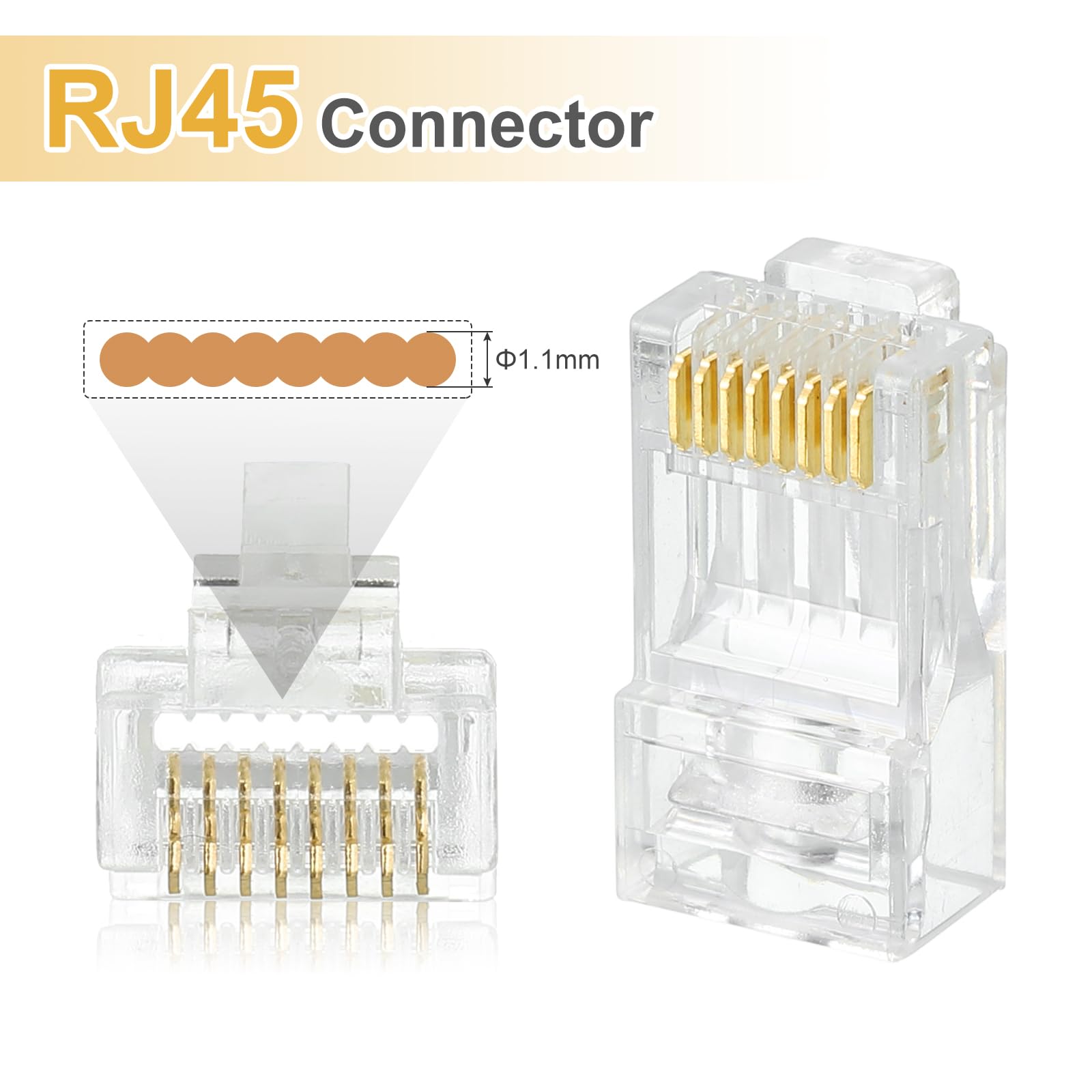 MECCANIXITY 100 connettori RJ45 Cat6, connettori RJ45, 8P8C, placcati in oro, con 100 connettori blu per cavi Ethernet UTP solidi o intrecciati, 1,1 mm