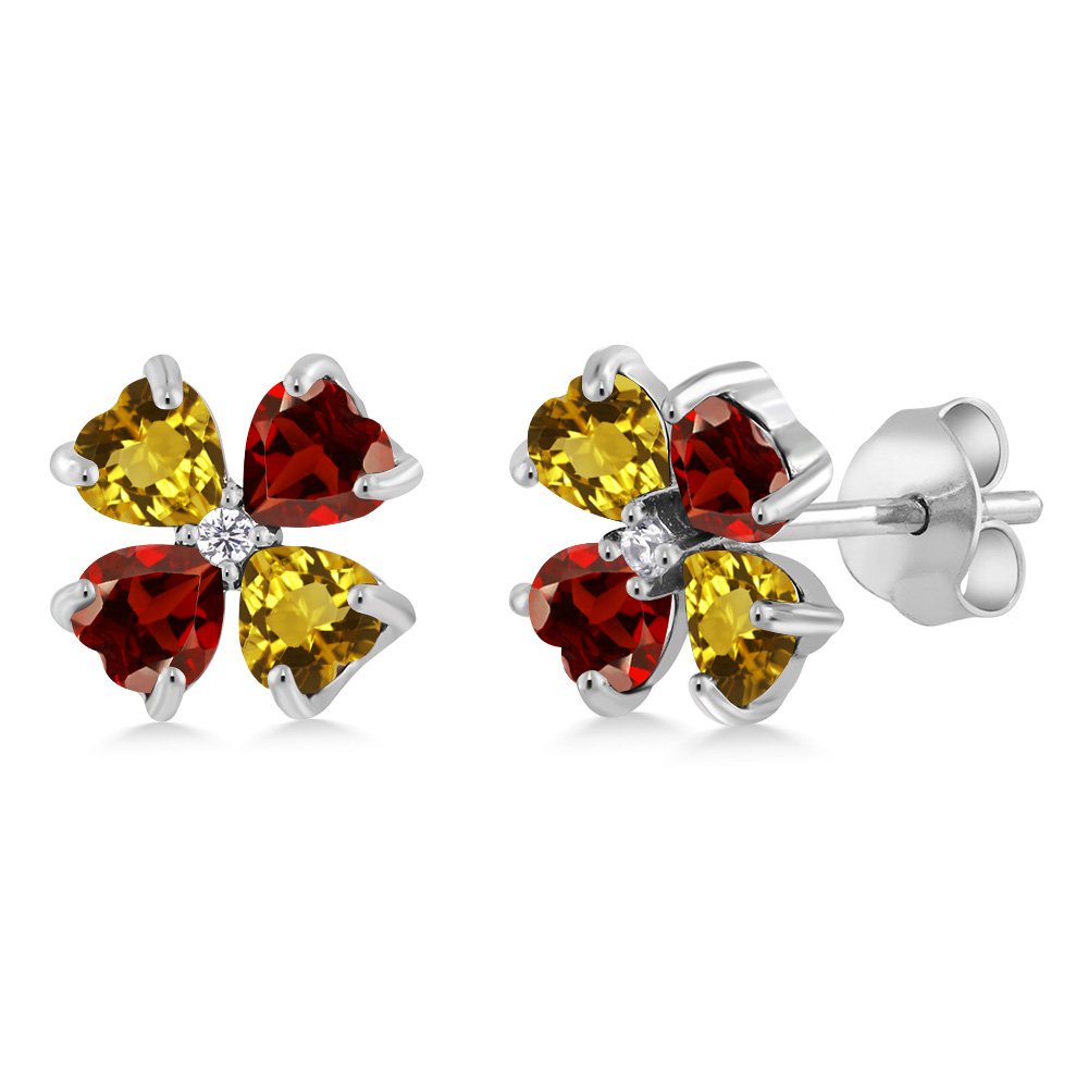 Gem Stone King 925 Sterling Silver Yellow Citrine and Red Garnet Earrings For Women (2.23 Cttw, Gemstone Birthstone, Heart Shape 4MM), Metal Gemstone, Citrine Garnet Cubic Zirconia